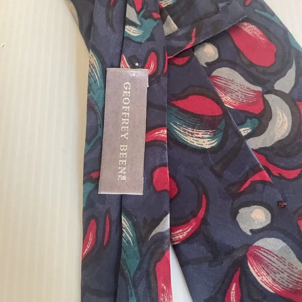 Vintage Geoffrey Beene Men’s 100% Silk Tie Navy Red Teal Abstract Print Necktie